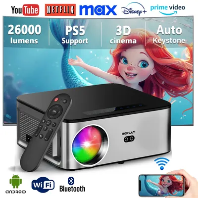 HORLAT 4K Video Projector WiFi 6 Bluetooth 5.1 1100ANSI Auto focus 6D Keystone Outdoor Projector Portable Home Video Projector