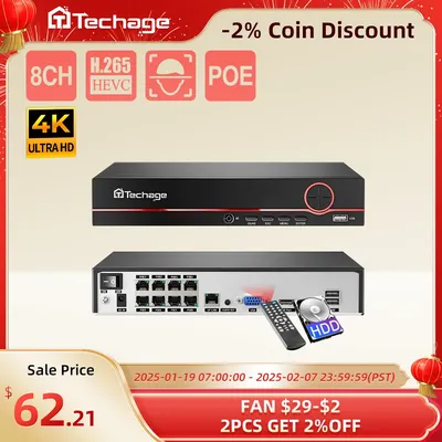 Techage H.265 8CH POE NVR 4K 8MP 5MP 4MP 1080P Power over Ethernet IP NVR Two-way Audio Face/Human