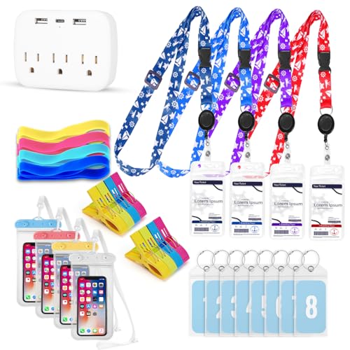 Cruise Ship Essentials Kit Include Cruise Luggage Tags Holder, Cruise Lanyards, Cruise Power Strip, Towel Bands and Clips, Waterproof Phone Bags for All Cruise Lines