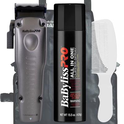 BaByliss Pro FXONE LO-PROFX High-Performance Low-Profile Clipper #FX829 + Barber Apron + Clipper Spray + Flat Top Comb