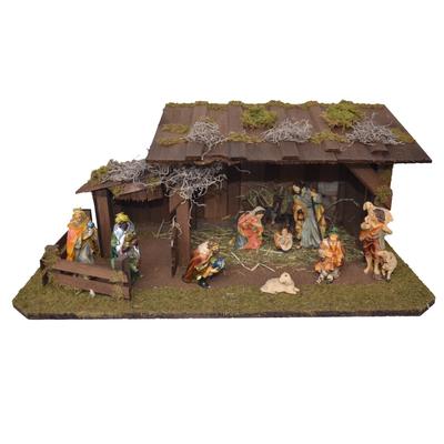 Krippe ALFRED KOLBE "Krippenstall", braun, B:48cm H:20cm T:25cm, Holz, Weihnachtskrippen, mit 11 cm Poly-Figuren 11tlg. Image