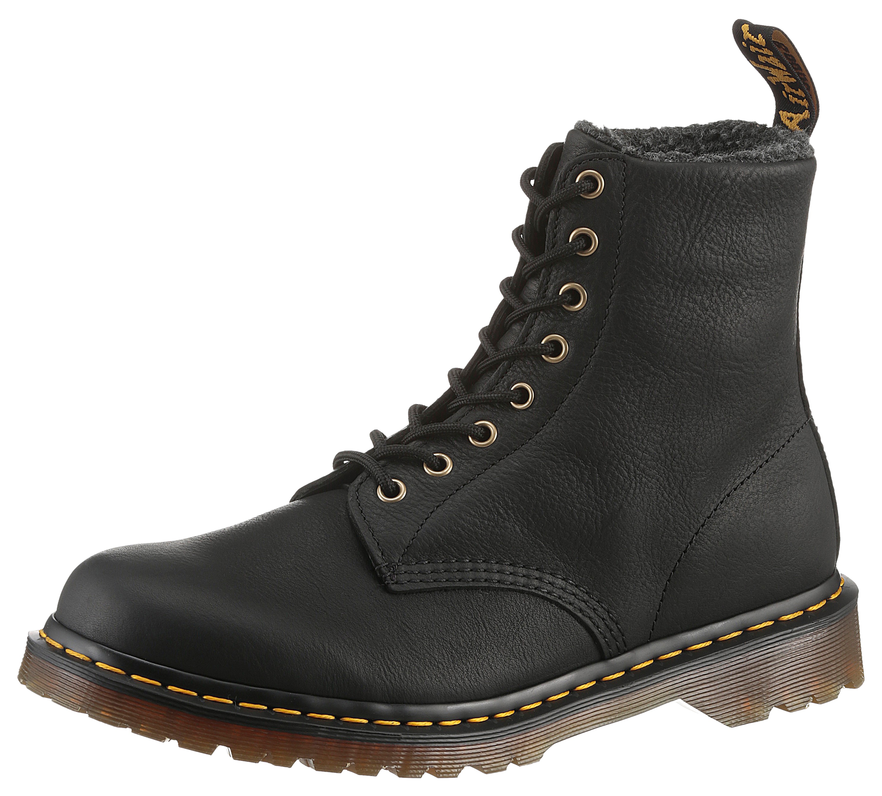 Schnürstiefelette DR. MARTENS "1460 schmale Form", Damen, Gr. 39, schwarz (schwarz grizzly), Leder, unifarben, Schuhe Schnürstiefelette, Plateaustiefel, Winterstiefel mit modischem Blockabsatz