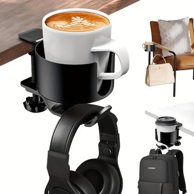 TEMU 2-in-1 Desk Cup Holder And Headphone Stand: 360Â° Swivel, Spill-proof, Aluminum Support Hook, With Cable Organizer - Suitable For Home Office Decor