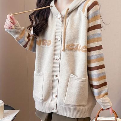 TEMU Letter Pattern Dual Pockets Striped Cardigan, Casual Button Front Hooded Raglan Sleeve Cardigan For Winter & Fall, Women's Clothing