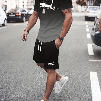 TEMU Men's Casual Print Gradient Tee & Drawstring Shorts Set - Breathable, Soft Polyester Blend For Summer Outdoor Activities