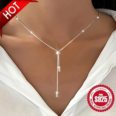 TEMU Elegant Simple Style Sterling Silver Y-shape Necklace, Adjustable Bead Lariat For Women, Hypoallergenic 925 Silver, Daily And Vacation Wear, Christmas Gift - All Season Versatile Jewelry