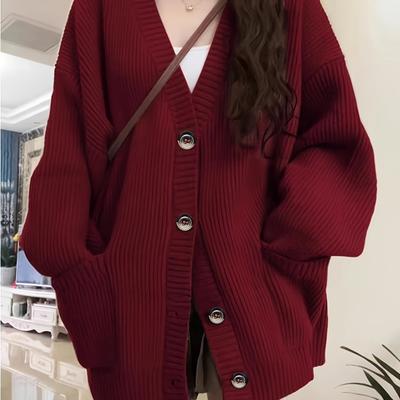 TEMU Dual Pockets Botton Front Cardigan, Casual Long Sleeve Cardigan For Fall & Winter, Women's Clothing