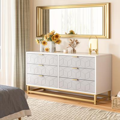 TEMU Tropow Closet With 6 Drawers, Gold Pulls, Gold Base, Diamond Style For Bedroom, Living Room