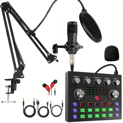 TEMU Podcast Equipment Bundle For 2, Bm800 Podcast And V8s Sound Card, Voice Changer-audio Interface - Suitable For Recording, Singing, And Games.