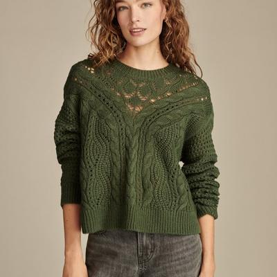 Lucky Brand Pointelle Crew Neck Sweater - Women's Clothing Outerwear Tops Sweatshirts Crewneck Hoodies in Cilantro, Size M