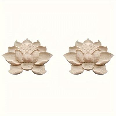 TEMU 2 Pieces Of Unpainted Wooden Lotus - Perfect For Diy Furniture Decoration - 4.13 Inches X 2.95 Inches