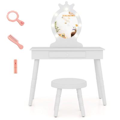 Costway Kids Vanity Set with Lighted Mirror with Adjustable Brightness and Large Drawer-White
