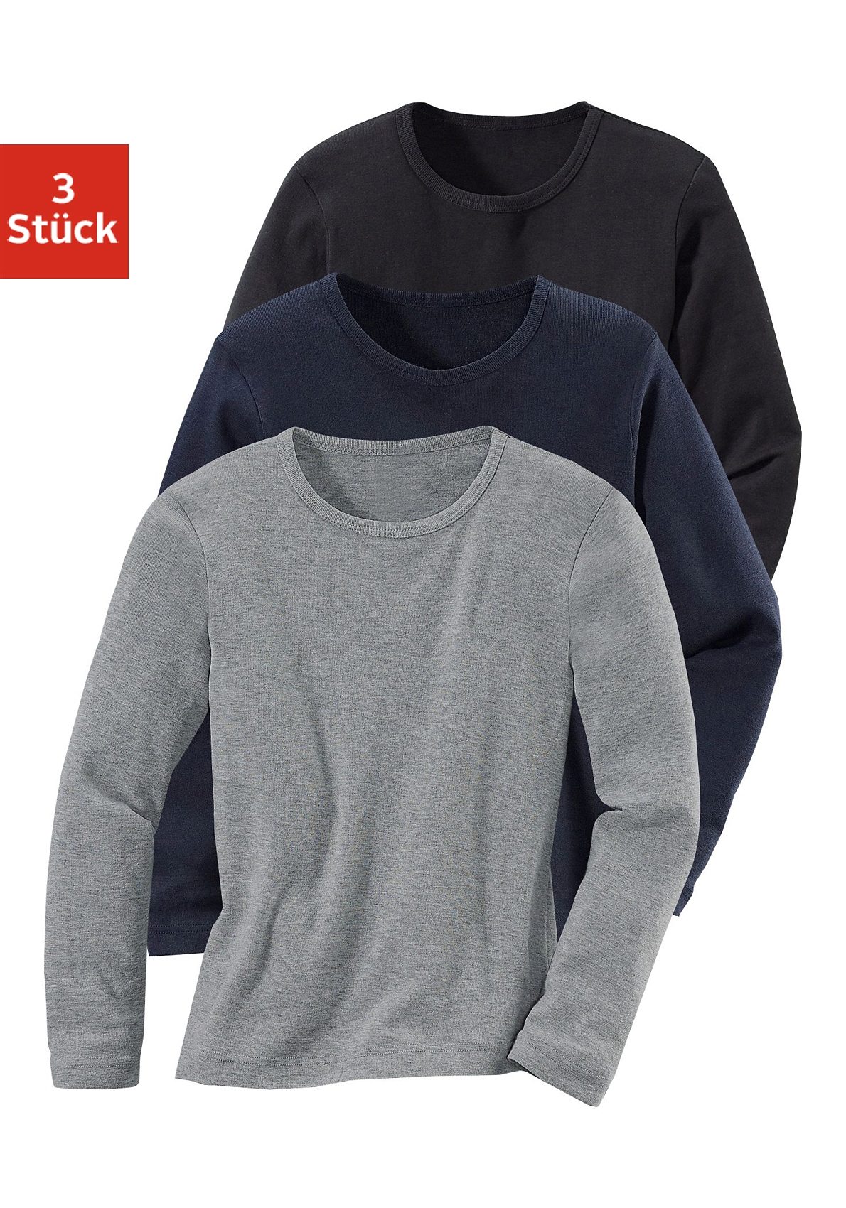 Langarmshirt H.I.S, Kinder, Gr. 176, blau (schwarz, grau, meliert, marine), Feinripp, Graumeliert (Obermaterial): 60% Baumwolle, 40% Polyester, unifarben, bequem hüftbedeckend, Rundhals, abgesteppte Kante, Shirts, in Rippenqualität Image