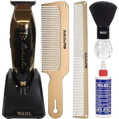 Wahl 5 Star Gold Detailer Cordless Li Trimmer + BaByliss Pro Comb Set 9" and 7.5" Comb + Neck Duster + Clipper Oil