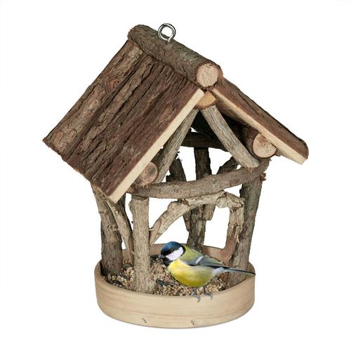 Vogelfutterhaus Holz, zum Aufhängen, Garten, Vogelfutterspender Kleinvögel, HxBxT 22,5 x 17 x 13,5