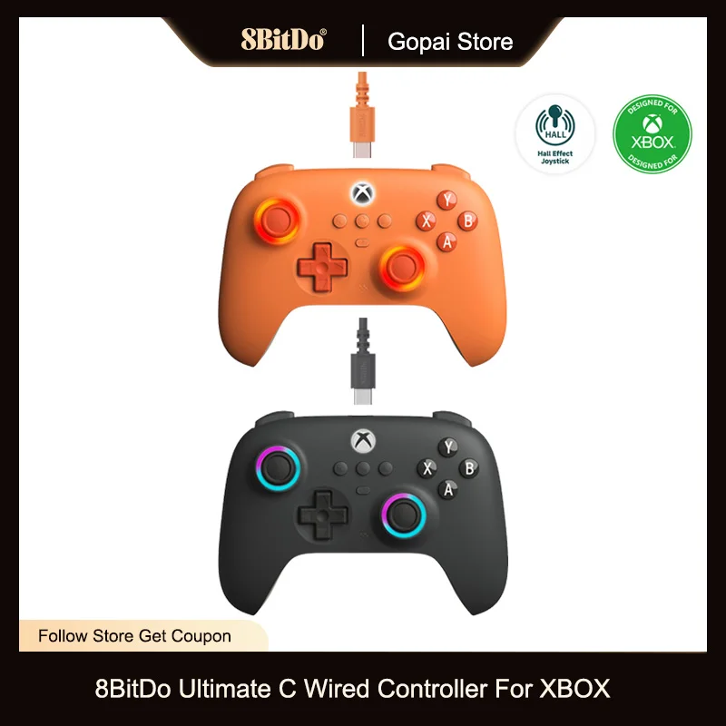 8BitDo Ultimate C Wired Controller For Xbox Series S, X, Xbox One RGB Lighting Fire Ring Hall Effect Joysticks For Windows 10/11