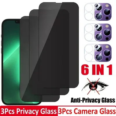 6IN1 Privacy Tempered Glass For iPhone 14 13 12 11 15 Pro Max Camera Screen Protector For iPhone 11