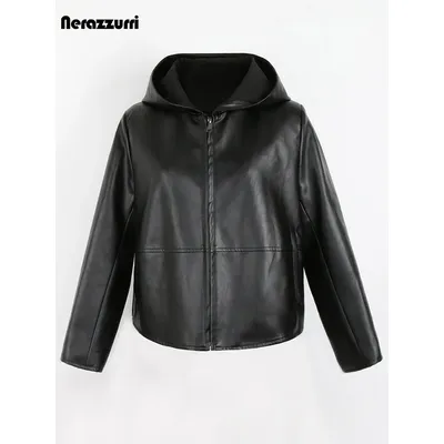 Nerazzurri Spring Autumn Black Short Soft Light Pu Leather Jacket Women with Hood Zipper Waterproof Casual Raincoat Clothes 2022