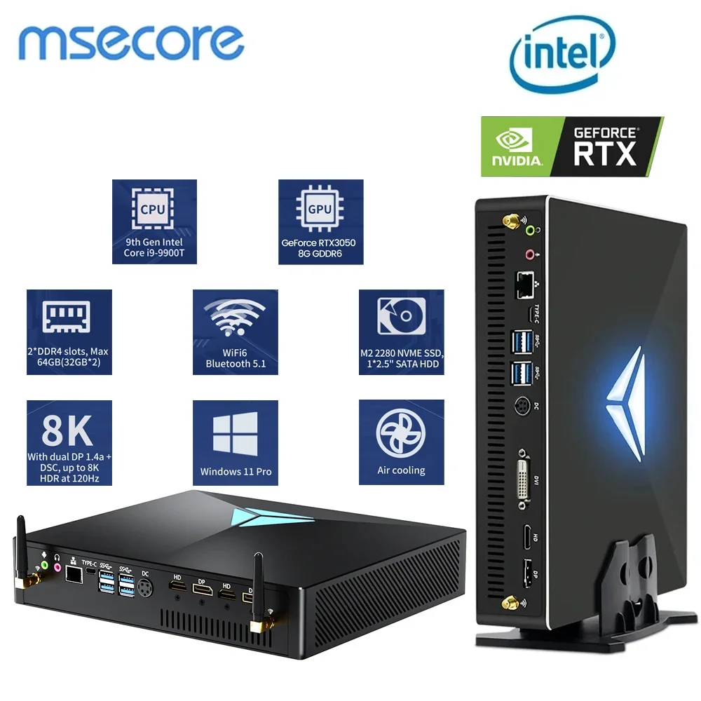 MSECORE MV200 Intel Core i9-9900KF RTX3050 8G Discrete Card Game Mini PC Windows 11 Desktop Computer Office MINIPC DDR4 NVME SSD