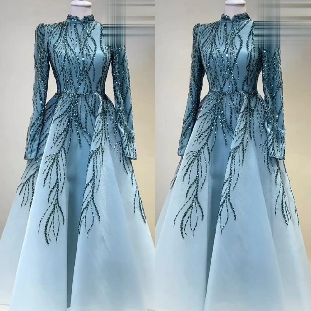Customized Sparkle Intricate High Collar Ball Gown Celebrity Beading Paillette / Sequins Floor Length Organza Evening