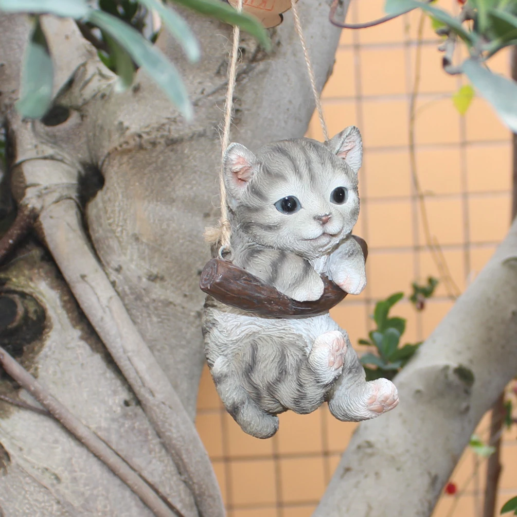 Resin Cute Swing Small Cat Sculpture Outdoor Garden Home Office Room Hanging Tree Decor Statue Figurine Pet Decoration w/ String