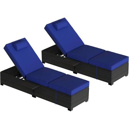 Set of 2 Outdoor PE Wicker Patio Chaise Lounge Chairs Adjustable Rattan Recliners with Off-White Cushions and Storage Table for Poolside Relaxation Blue