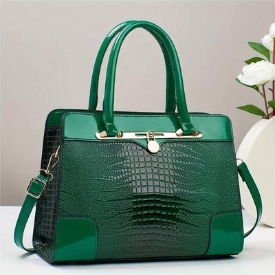TEMU Elegant Crocodile Pattern Handbag For Women, Large Capacity Shoulder Bag With Zipper Closure, Polyester Lined, Painted, For - Red Image