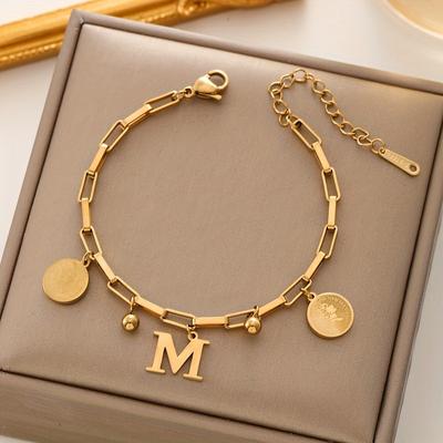 TEMU 1pc Edgy Hip-hop Stainless Steel Women's Bracelet - 18k Gold Plated Plated Adjustable Chain Link With Circular Charms & Initial 's' Pendant - Jewelry Gift For Girls, Women, Family & Image