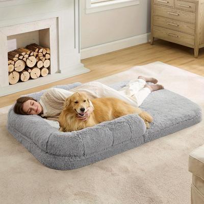 TEMU Bedsure Foldable Human Dog Bed For People Adults, 2 In 1 Calming Human Size Giant Dog Bed Fits Pet Families With Egg Foam Supportive Mat And Waterproof Liner, Faux Fur Orthopedic Dog Sofa