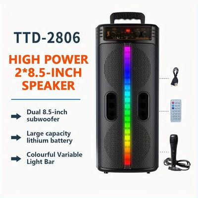 TEMU High Power 2x8. 5-inch Portable Speaker With 7 Colors Changing Light Bar, Dual 8. 5-inch Subwoofers, And Wireless Connectivity