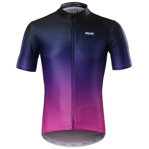 Herren Radtrikot Farbverlauf Kurzarm Fahhrad Trikot mit 3 Gesäßtaschen Reflektierende Streifen Rückentasche Elastisch Anti-Rutsch Sport Schwarz Gelb Dunkellila Bekleidung Image