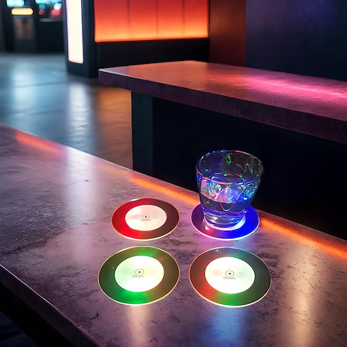 LED-Cocktail-Untersetzer, rund, ultradünn, LED-Getränkeuntersetzer, leuchtender Untersetzer, rutschfest und wasserdicht, transparent, Bier-/Getränkeuntersetzer für Clubpartys, Hochzeiten, Weihnachten, 1 Stück Image