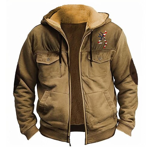 Herren Amerikanische US-Flagge Fleece Kapuzensweatshirt Kapuzenshirts Pullover Mode Cool Täglich Langarm Mit Kapuze Ferien Streetwear Schwarz Rote Blau Himmelblau Braun Reißverschluss Tasche Herbst Image