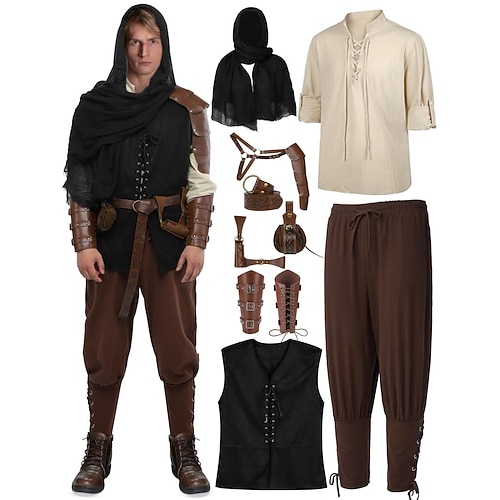 10-teiliges Wikinger-Piratenkostüm für Herren mit Rüstungsset, Retro-Vintage-Mittelalter-Renaissance, 17. Jahrhundert, Ritter, Ranger, Elfen, Walhalla, für Halloween, Karneval, Larp, Renaissance Faire Image