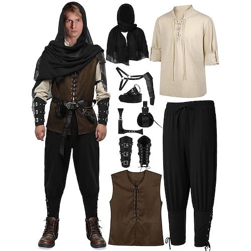 10-teiliges Wikinger-Piratenkostüm für Herren mit Rüstungsset, Retro-Vintage-Mittelalter-Renaissance, 17. Jahrhundert, Ritter, Ranger, Elfen, Walhalla, für Halloween, Karneval, Larp, Renaissance Faire Image