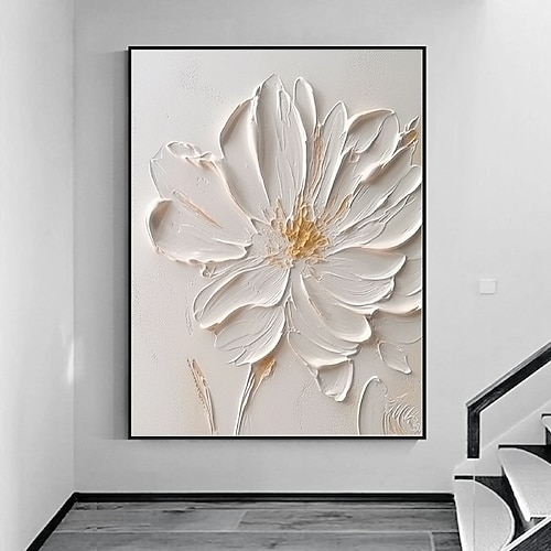 Ölgemälde handgemaltes 3D-Blumengemälde, handgefertigtes Palettenmesser, Blumen, Ölgemälde, Wandkunst, großes 3D-weißes Strukturgemälde, moderne dekorative Gemälde, Impressionismus, abstraktes weißes Image
