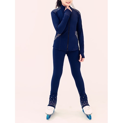 Eiskunstlauf Fleecejacke Eiskunstlaufhose Eiskunstlaufjacke mit Hose Damen Mädchen Eislaufen Jacke Strumpfhosen Outfits Dunkelblau Patchwork Daumenloch Spandex Dehnbar Training Übung Professionell Image