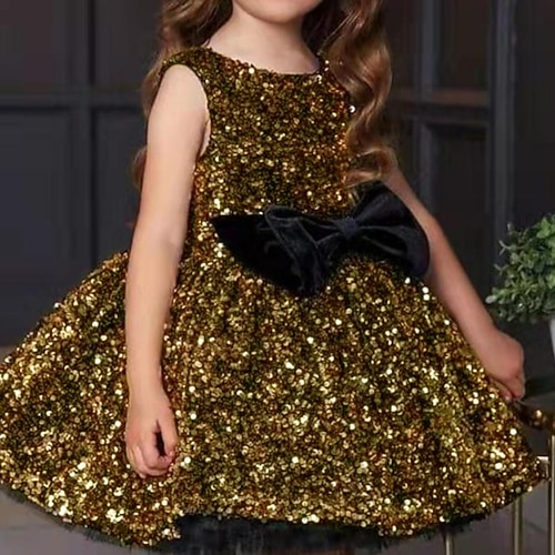 kinderkleidung Mädchen Kleid Einfarbig Ärmellos Party Geburtstag Pailletten Gitter Schleife Kuschelig Prinzessin Polyester Maxi A Linie Kleid Tüll-Kleid Sommer Herbst 3-12 Jahre Silber Blau Braun Image