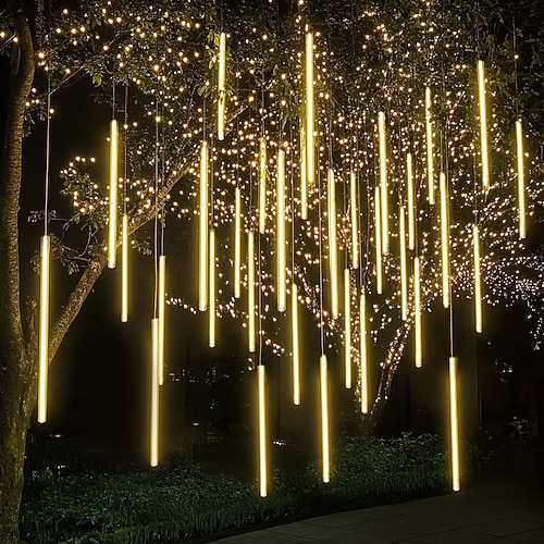2 Pack Meteorregen Lichter Außen 30cm 8 Röhren 192 LED Fallender Regenlichter Steckdosen Eiszapfen Schnee kaskadierende Lichterkette für Baum Feiertags Patio Dekorationen Image
