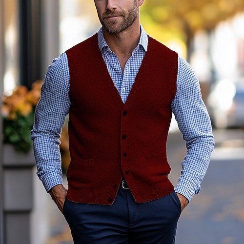 Herren Pullunder Strickjacke Weste Strickpullover Kurz gestrickt Stricken Normale Oberteile Tasche Einfarbig V Ausschnitt Elegant Vintage Heim Arbeit Bekleidung Frühling Herbst Dunkelmarine Braun M L Image