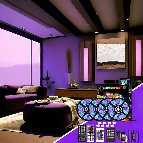 LED-Lichtstreifen 20 m, Bluetooth, DIY-Farbwechsel, 2835 RGB-Kit mit verstecktem Controller und Fernbedienung – einfache Installation, 5 m, 10 m, 15 m für TV-Hintergrundbeleuchtung, Zimmer- und Schlafzimmerdekor Image