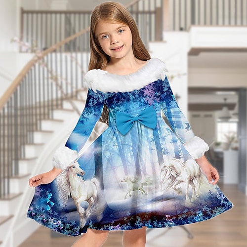 kinderkleidung Mädchen Kleid Tier Einhorn Langarm Casual Pelzkragen Rundhalsausschnitt bezaubernd Täglich Polyester Übers Knie Casual kleid Schaukelkleid A Linie Kleid Herbst Winter 3-10 Jahre Rosa Image