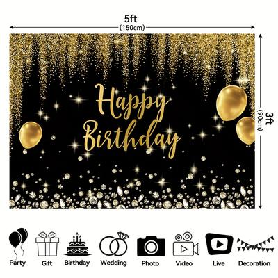 TEMU Luxurious Black & Golden Backdrop With Diamond Balloons And Glitter - Polyester Photography Background For Indoor/outdoor Parties, 5x3ft/7x5ft/8x6ft