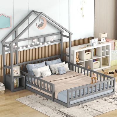 Hausbetten 140 x 200 cm mit Sicherheitsbarriere, 1 Nachttisch, flaches Jugendbett mit Barrieren, Image
