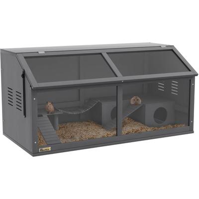 Pawhut - Hamsterkäfig aus Holz Nagerkäfig Kleintierkäfig mit klappbarem Deckel Hängebrücke Leitern,