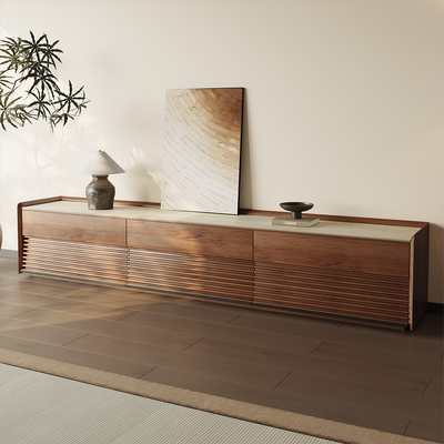 94.49" Mid-Century Matte Travertine Stone Tabletop TV Stand, Modern Entertainment Center, Walnut Color Cabinet with Adjustable Light, Fully-Assembled, Perfect for 85-inch TVs