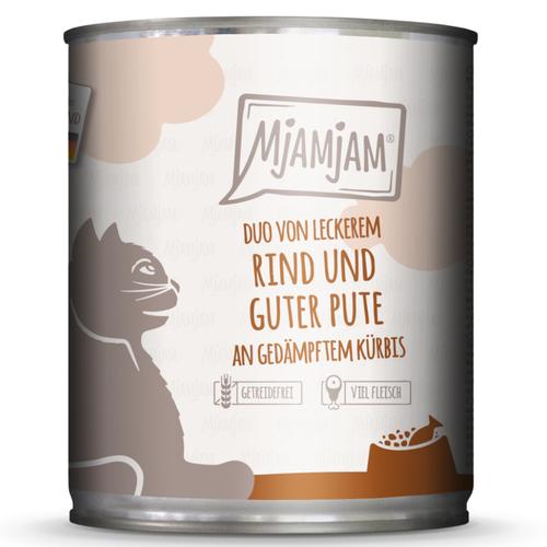 Sparpaket: 12x800g MjAMjAM Duo leckeres Rind & gute Pute an gedämpftem Kürbis Katzenfutter nass