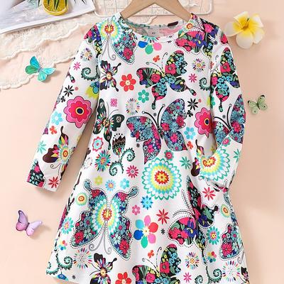 TEMU Flowers Full Print Long-sleeve Dress For Girls, Spring & Fall Daily Holiday Casual Dresses, Party, As Gift