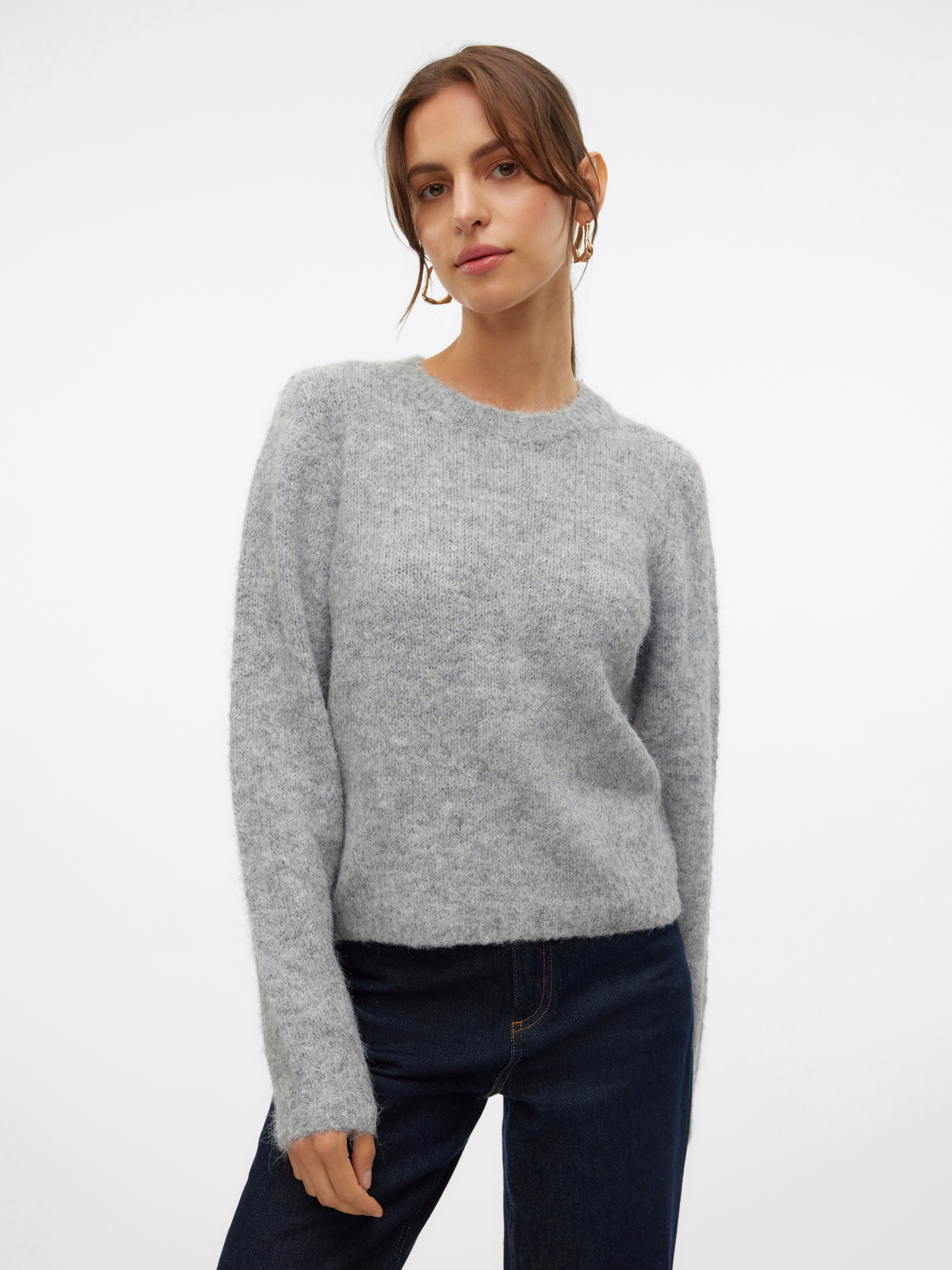Strickpullover VERO MODA "VMNOVAH LS O-NECK PULLOVER GA NOOS", Damen, Gr. XS, grau (medium grau melange), Strick, Obermaterial: 70% Polyester, 21% Nylon, 8% Wolle, 1% Elasthan, unifarben, regular fit taillenbedeckt, Rundhals, Pullover Strickpullover