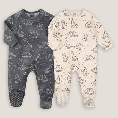 Set of 2 One-Piece Velour Dinosaur Print Pyjamas